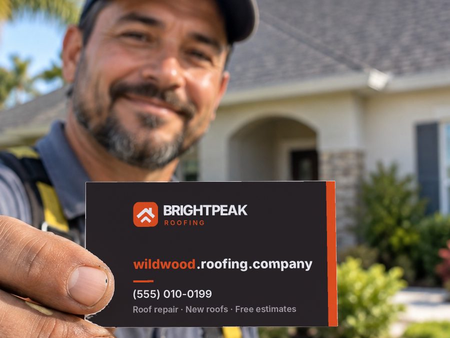 wildwood.roofing.company on a roofer's business card