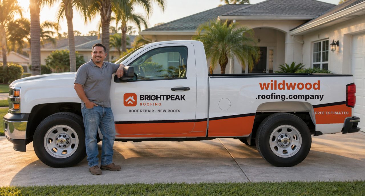 wildwood.roofing.company painted on the side of a white work truck