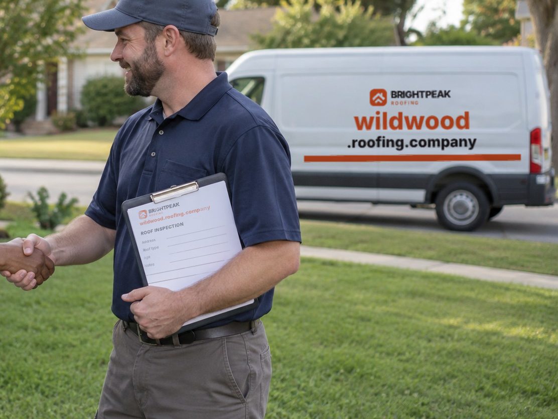 wildwood.roofing.company on a roofing van and an inspection form